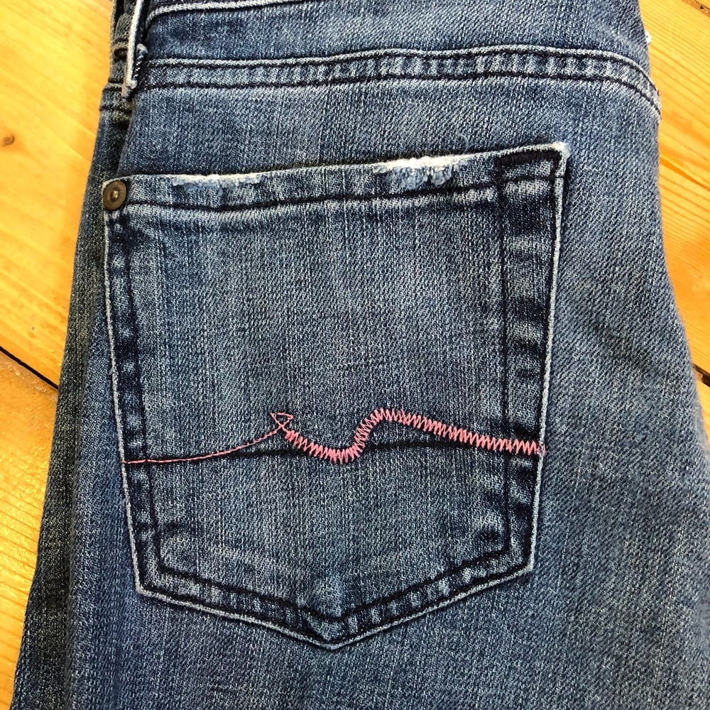 7 For All Mankind Women's Boot Cut Jeans - Medium Blue with Pink Stitching